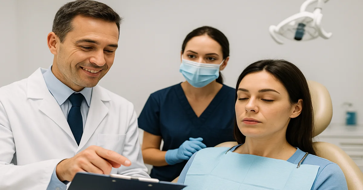 A picture of a dentits and a patient representing dentist for root canal