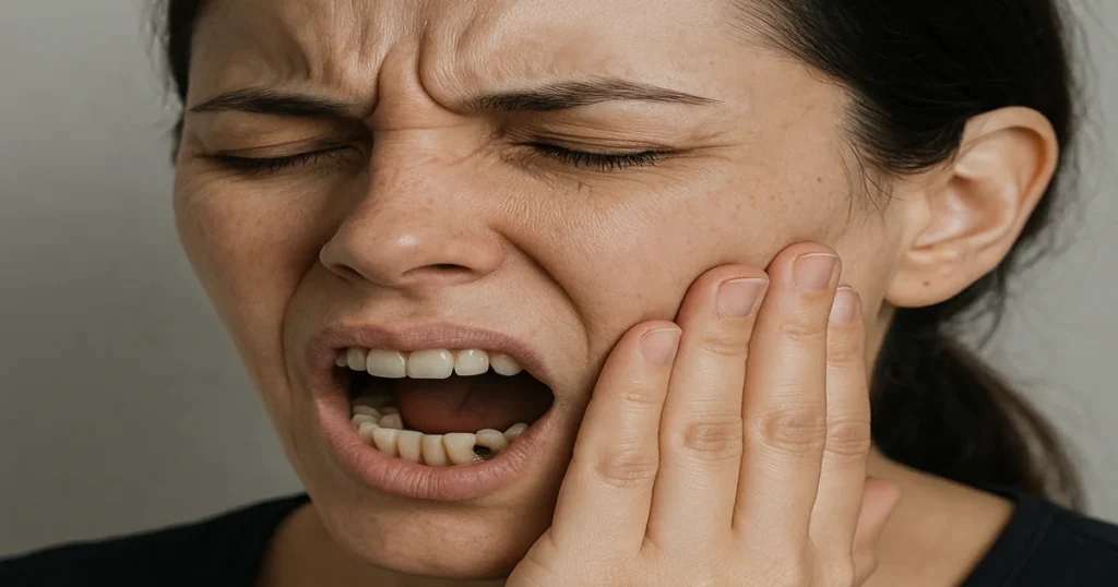 A picture of a woman suffering from tooth pain