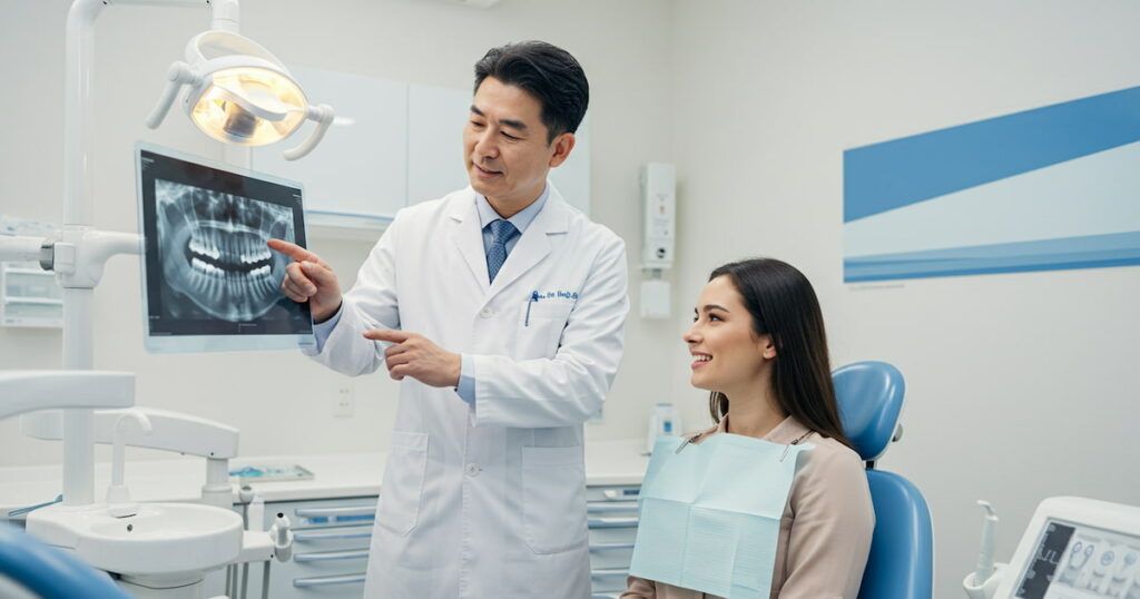 a dentist is explaining the steps of root canal treatment in Scarborough for a patient.