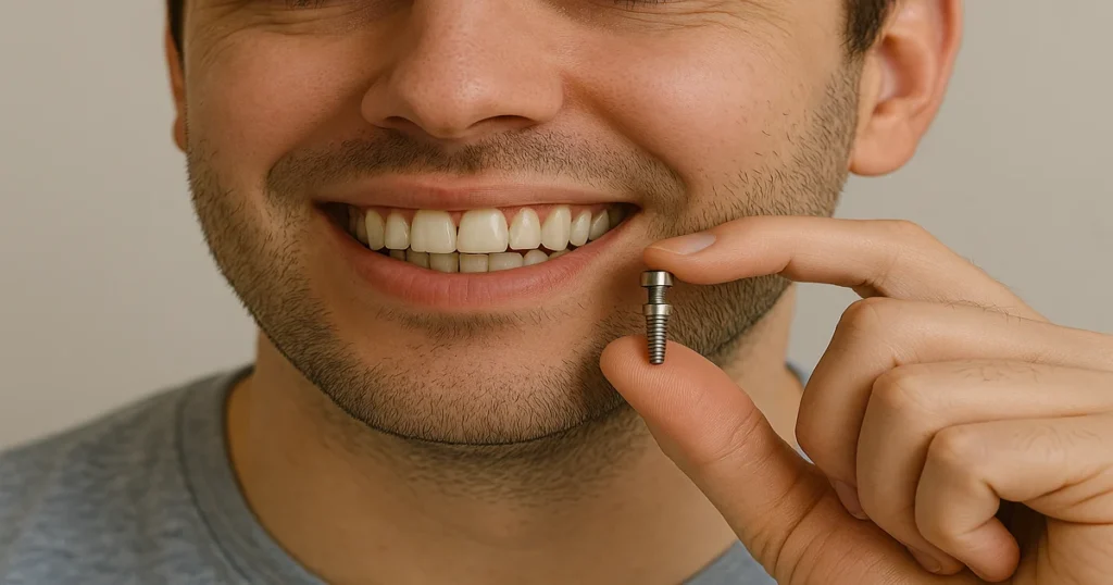A realistic picture of a man holding a dental implant next to his front tooth
