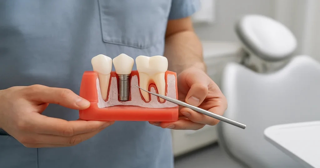 A picture of a woman showing her dental implants