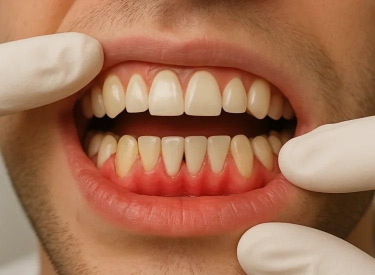 A picture of a person showing his gums by holding his lower lip