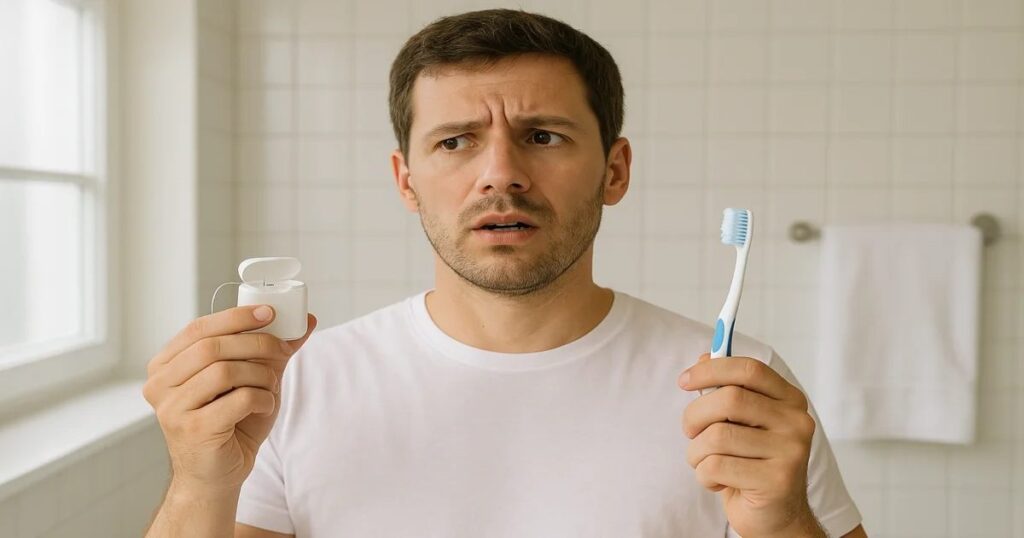 A picture of a person wondering if they need to floss