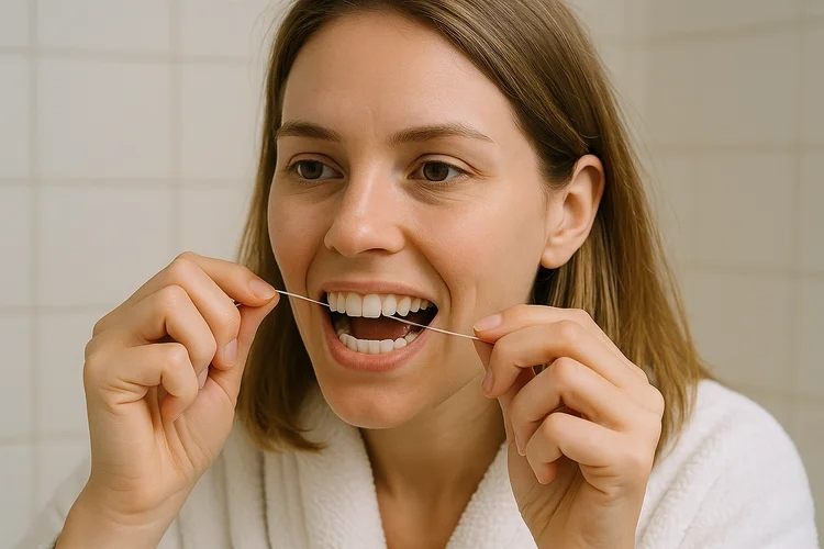 An image of a lady flossing