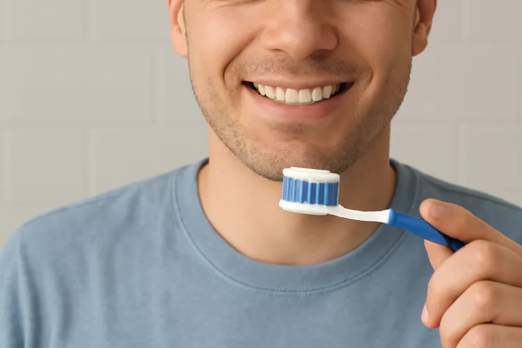 A picture of a man brushing his teeth