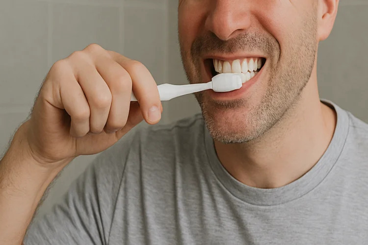 A picture of a man brushing his teeth