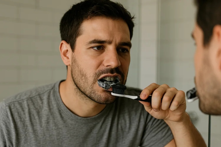 A picture of a person brushing his teeth with charcoal toothpaste