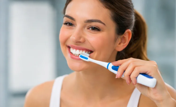 A picture of a woman brushing her teeth